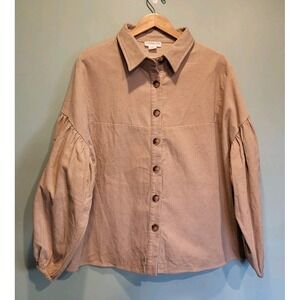 Beige Corduroy Long Puff Sleeve Oversized Boxy Button Up Top Sz 1X